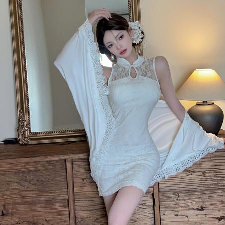 FA38421# 新中式改良旗袍盘扣背心连衣裙女性感收腰披肩蕾丝短裙套装 服裝批發女裝批發服飾貨源