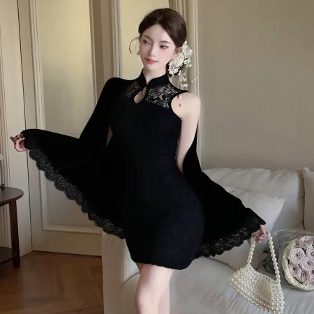 FA38421# 新中式改良旗袍盘扣背心连衣裙女性感收腰披肩蕾丝短裙套装 服裝批發女裝批發服飾貨源