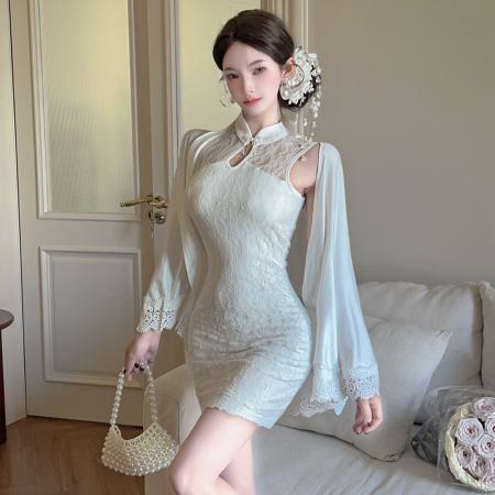 FA38421# 新中式改良旗袍盘扣背心连衣裙女性感收腰披肩蕾丝短裙套装 服裝批發女裝批發服飾貨源