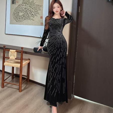FA38422# 时尚气质亮闪闪显瘦包臀连衣裙性感时尚高级女神范修身礼服长裙 服裝批發女裝批發服飾貨源