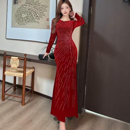 FA38422# 时尚气质亮闪闪显瘦包臀连衣裙性感时尚高级女神范修身礼服长裙 服裝批發女裝批發服飾貨源