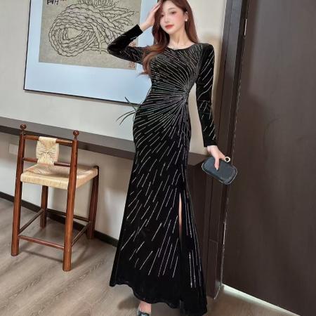 FA38422# 时尚气质亮闪闪显瘦包臀连衣裙性感时尚高级女神范修身礼服长裙 服裝批發女裝批發服飾貨源