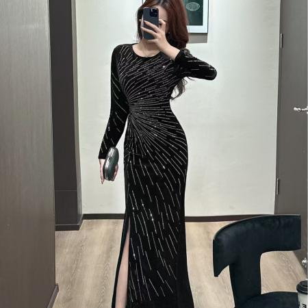 FA38422# 时尚气质亮闪闪显瘦包臀连衣裙性感时尚高级女神范修身礼服长裙 服裝批發女裝批發服飾貨源