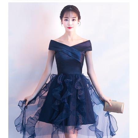 FA38430# 晚礼服女时尚宴会高贵一字领简单大方气质小个子短连衣裙 服裝批發女裝批發服飾貨源