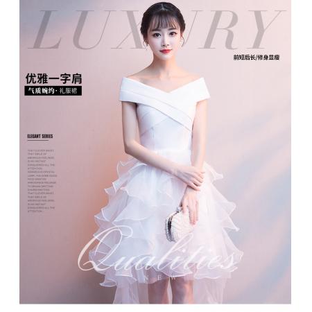 FA38430# 晚礼服女时尚宴会高贵一字领简单大方气质小个子短连衣裙 服裝批發女裝批發服飾貨源