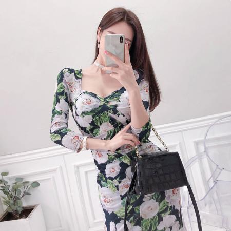 FA38434# 夏秋新款韩版印花修身包臀复古气质鱼尾宴会礼服连衣裙 服裝批發女裝批發服飾貨源