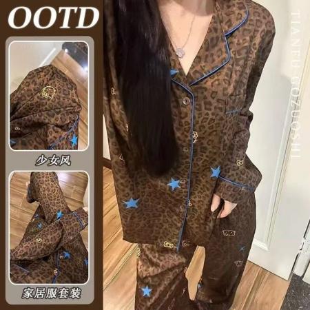 FA38441# 豹纹星星印花睡衣女款秋季新款休闲家居服套装 服裝批發女裝批發服飾貨源