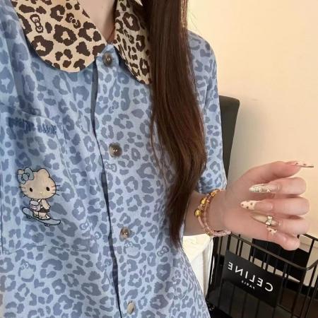 FA38443# 豹纹印花睡衣女款夏季新款休闲家居服花边短裤套装 服裝批發女裝批發服飾貨源