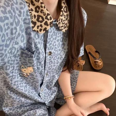 FA38443# 豹纹印花睡衣女款夏季新款休闲家居服花边短裤套装 服裝批發女裝批發服飾貨源