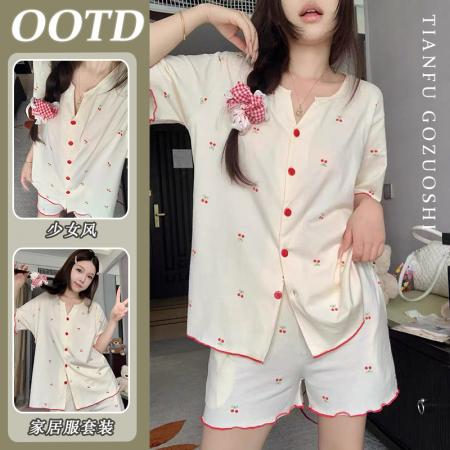 FA38447# 夏季韩版V领樱桃印花睡衣女款夏新款短袖套装 服裝批發女裝批發服飾貨源