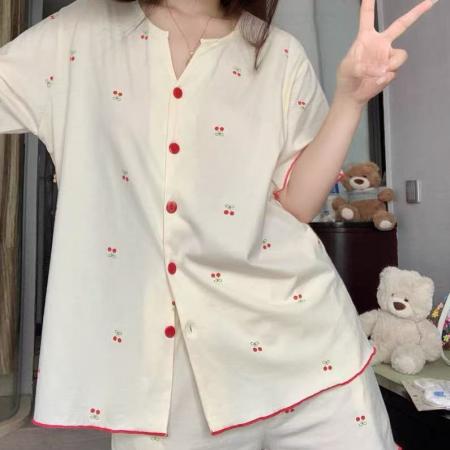 FA38447# 夏季韩版V领樱桃印花睡衣女款夏新款短袖套装 服裝批發女裝批發服飾貨源