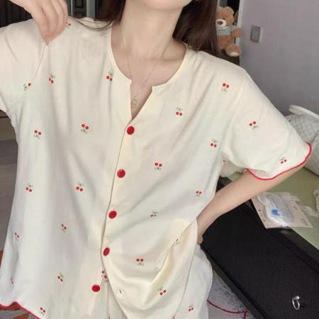 FA38447# 夏季韩版V领樱桃印花睡衣女款夏新款短袖套装 服裝批發女裝批發服飾貨源