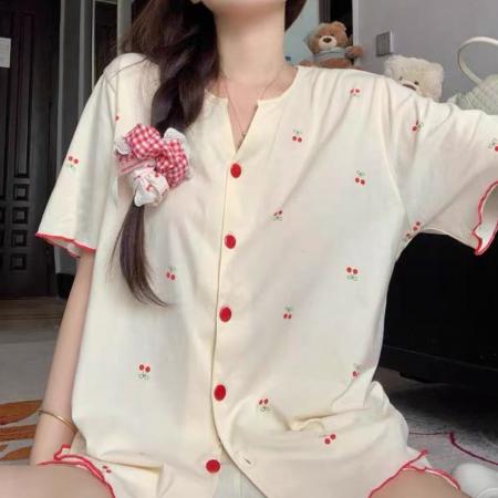 FA38447# 夏季韩版V领樱桃印花睡衣女款夏新款短袖套装 服裝批發女裝批發服飾貨源
