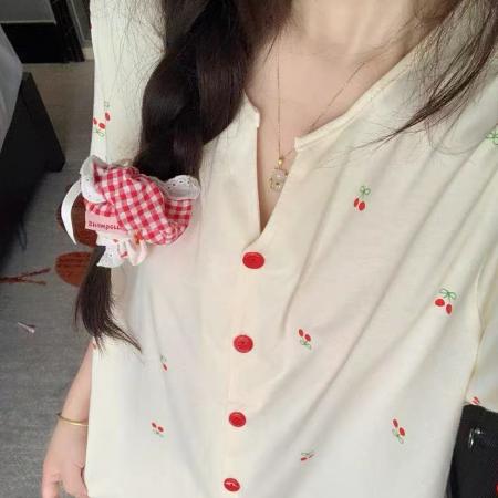 FA38447# 夏季韩版V领樱桃印花睡衣女款夏新款短袖套装 服裝批發女裝批發服飾貨源
