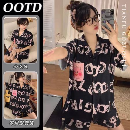 短袖睡衣女士夏季小海狸可爱露比黑色家居服 服裝批發女裝批發服飾貨源