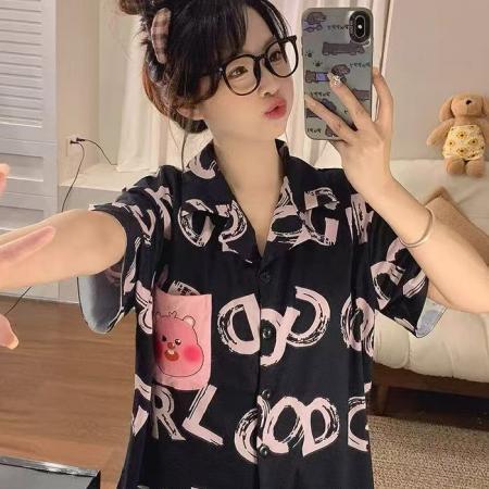 FA38448# 短袖睡衣女士夏季小海狸可爱露比黑色家居服 服裝批發女裝批發服飾貨源
