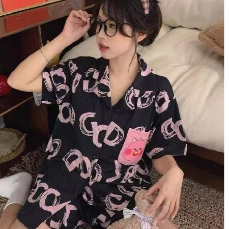 FA38448# 短袖睡衣女士夏季小海狸可爱露比黑色家居服 服裝批發女裝批發服飾貨源