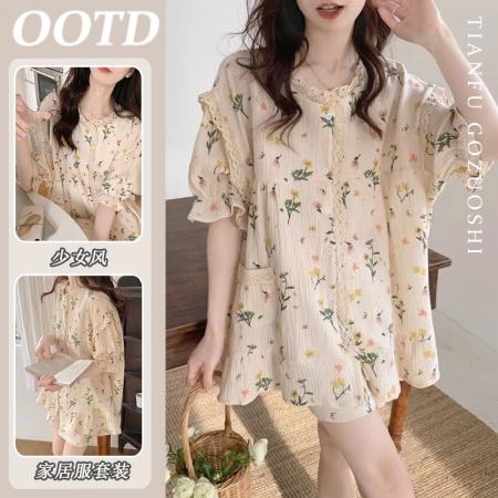 FA38450# 【棉纱面料】韩国ins甜美日系碎花网红纯棉纱睡衣女夏季 服裝批發女裝批發服飾貨源