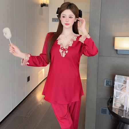 FA38451# V领冰丝睡衣女秋季绣花长袖两件套装薄款丝绸显瘦洋气妈妈家居服 服裝批發女裝批發服飾貨源