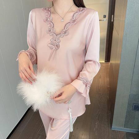 FA38452# V领冰丝睡衣女秋季绣花长袖两件套装薄款丝绸显瘦洋气妈妈家居服 服裝批發女裝批發服飾貨源
