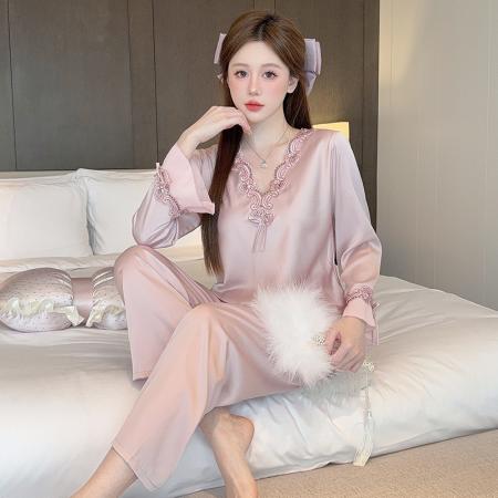 FA38452# V领冰丝睡衣女秋季绣花长袖两件套装薄款丝绸显瘦洋气妈妈家居服 服裝批發女裝批發服飾貨源