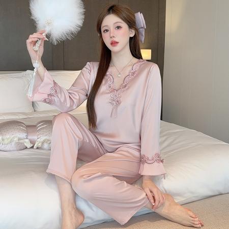 FA38452# V领冰丝睡衣女秋季绣花长袖两件套装薄款丝绸显瘦洋气妈妈家居服 服裝批發女裝批發服飾貨源