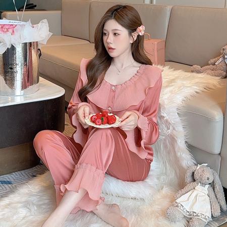 FA38453# 公主风冰丝睡衣女秋季长袖长裤甜美套装新款法式宫廷风家居服 服裝批發女裝批發服飾貨源
