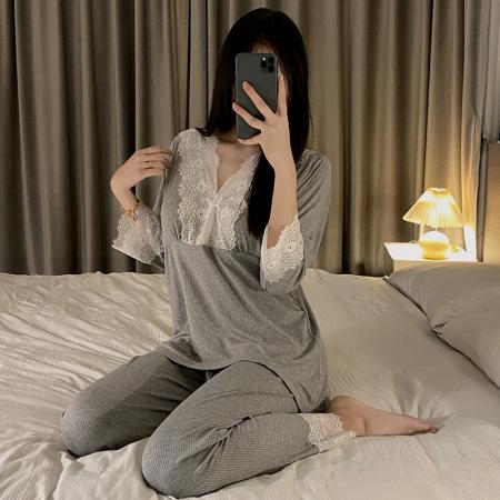 FA38454# 睡衣女带胸垫高品质莫代尔套装长袖套装家居服 服裝批發女裝批發服飾貨源