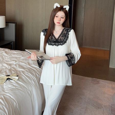FA38455# 睡衣女长袖长裤春夏季莫代尔柔软可外穿家居服套装带胸垫 服裝批發女裝批發服飾貨源