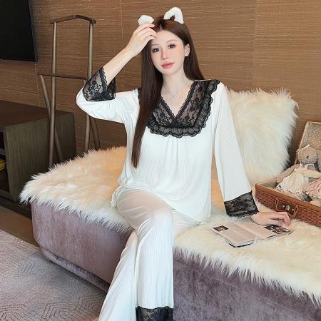 FA38455# 睡衣女长袖长裤春夏季莫代尔柔软可外穿家居服套装带胸垫 服裝批發女裝批發服飾貨源