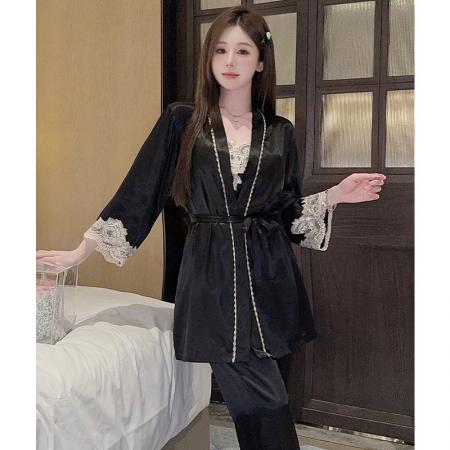 FA38456# 新款吊带睡衣女性感冰丝夏季七分裤套装纯欲风蕾丝宽松睡袍三件套 服裝批發女裝批發服飾貨源