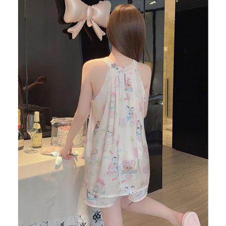 FA38461# 吊带挂脖睡衣女夏季新款冰丝性感露肩短裤套装可爱卡通家居服 服裝批發女裝批發服飾貨源