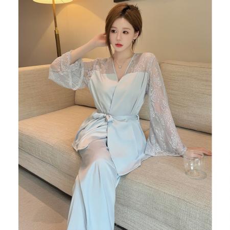 宫廷风蕾丝睡衣女夏季冰丝长袖女士纯色套装甜美春秋天丝绸两件套 服裝批發女裝批發服飾貨源