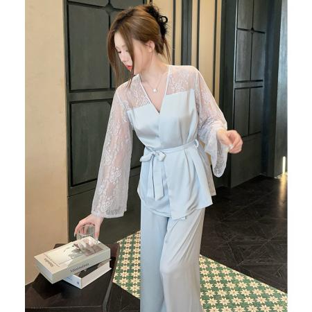 FA38462# 宫廷风蕾丝睡衣女夏季冰丝长袖女士纯色套装甜美春秋天丝绸两件套 服裝批發女裝批發服飾貨源