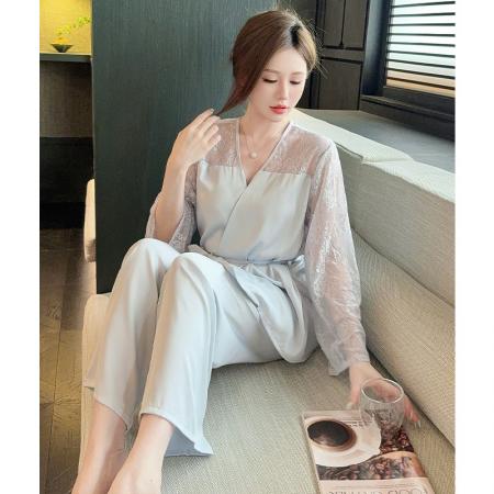 FA38462# 宫廷风蕾丝睡衣女夏季冰丝长袖女士纯色套装甜美春秋天丝绸两件套 服裝批發女裝批發服飾貨源