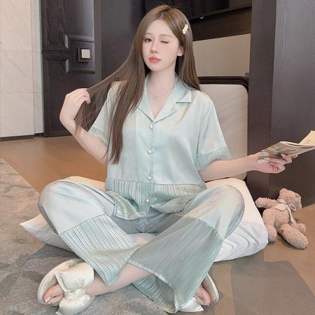 冰丝提花睡衣女新款短袖长裤拼接欧根纱高级夏季可外穿套装 服裝批發女裝批發服飾貨源