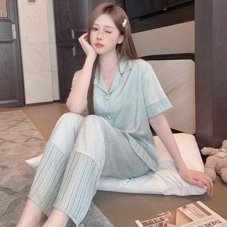 FA38464# 冰丝提花睡衣女新款短袖长裤拼接欧根纱高级夏季可外穿套装 服裝批發女裝批發服飾貨源