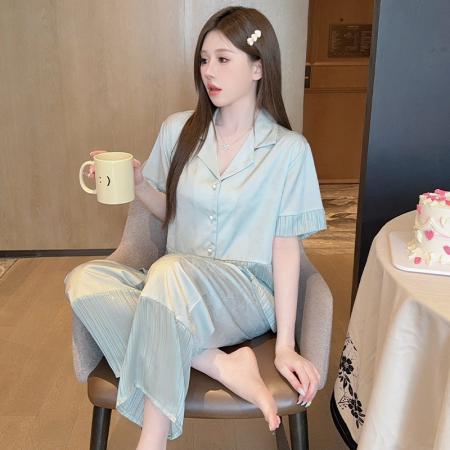 FA38464# 冰丝提花睡衣女新款短袖长裤拼接欧根纱高级夏季可外穿套装 服裝批發女裝批發服飾貨源