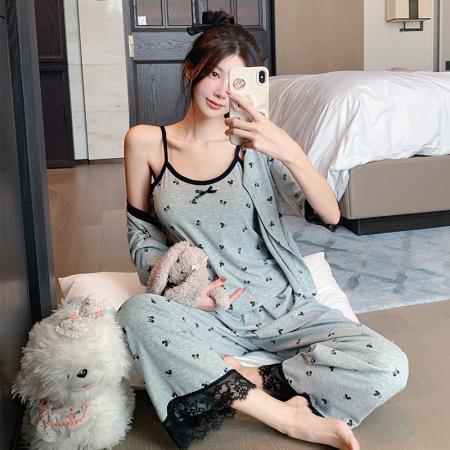 夏季新款睡衣女莫代尔法式性感纯欲风吊带长裤三件套家居服 服裝批發女裝批發服飾貨源