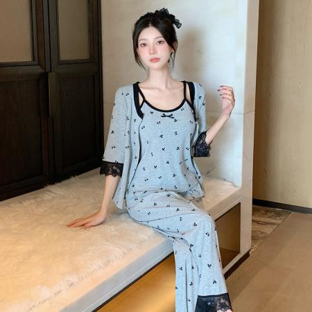 FA38467# 夏季新款睡衣女莫代尔法式性感纯欲风吊带长裤三件套家居服 服裝批發女裝批發服飾貨源