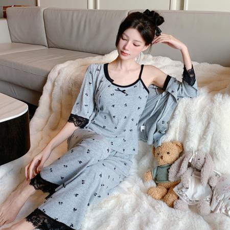 FA38467# 夏季新款睡衣女莫代尔法式性感纯欲风吊带长裤三件套家居服 服裝批發女裝批發服飾貨源