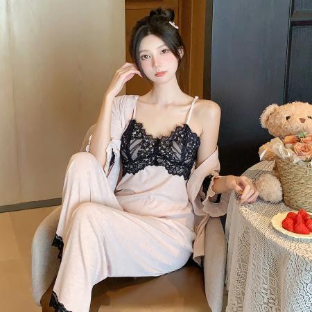 FA38468# 夏季新款睡衣女莫代尔法式性感纯欲风吊带长裤三件套家居服 服裝批發女裝批發服飾貨源