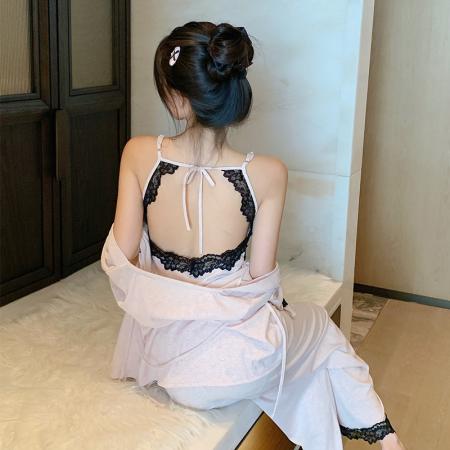 FA38468# 夏季新款睡衣女莫代尔法式性感纯欲风吊带长裤三件套家居服 服裝批發女裝批發服飾貨源