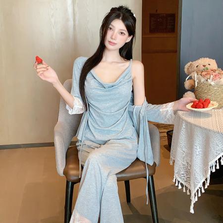 FA38469# 夏季新款睡衣女莫代尔法式性感纯欲风吊带长裤三件套家居服 服裝批發女裝批發服飾貨源