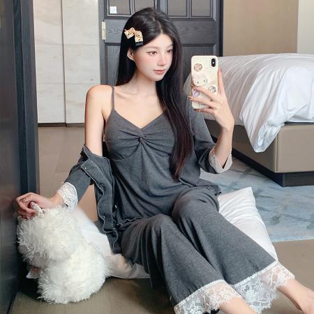 夏季新款睡衣女莫代尔法式性感纯欲风吊带长裤三件套家居服 服裝批發女裝批發服飾貨源