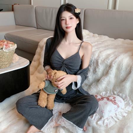 FA38471# 夏季新款睡衣女莫代尔法式性感纯欲风吊带长裤三件套家居服 服裝批發女裝批發服飾貨源