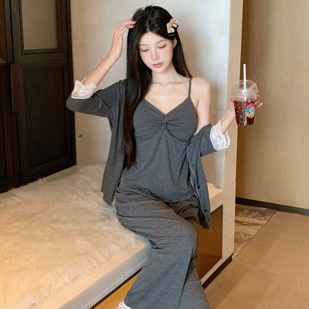 FA38471# 夏季新款睡衣女莫代尔法式性感纯欲风吊带长裤三件套家居服 服裝批發女裝批發服飾貨源