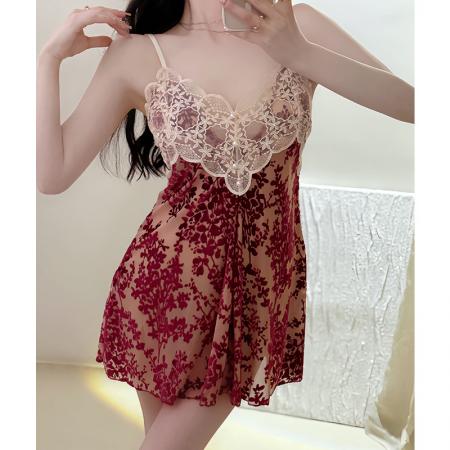 FA38472# 直播爆款性感带胸垫吊带睡裙女夏季烧花甜美蕾丝微透纯欲风家居服 服裝批發女裝批發服飾貨源