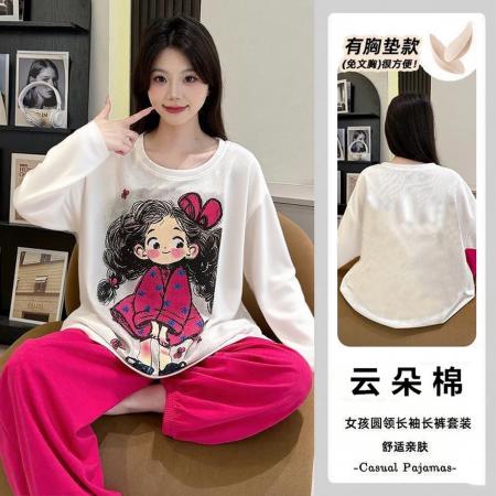 FA38477# 云朵棉带胸垫睡衣女春秋宽松大码卡通女士家居服长袖套装 服裝批發女裝批發服飾貨源