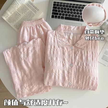 风格子睡衣女带胸垫春秋季长袖长裤开衫纯色一体式家居服 服裝批發女裝批發服飾貨源
